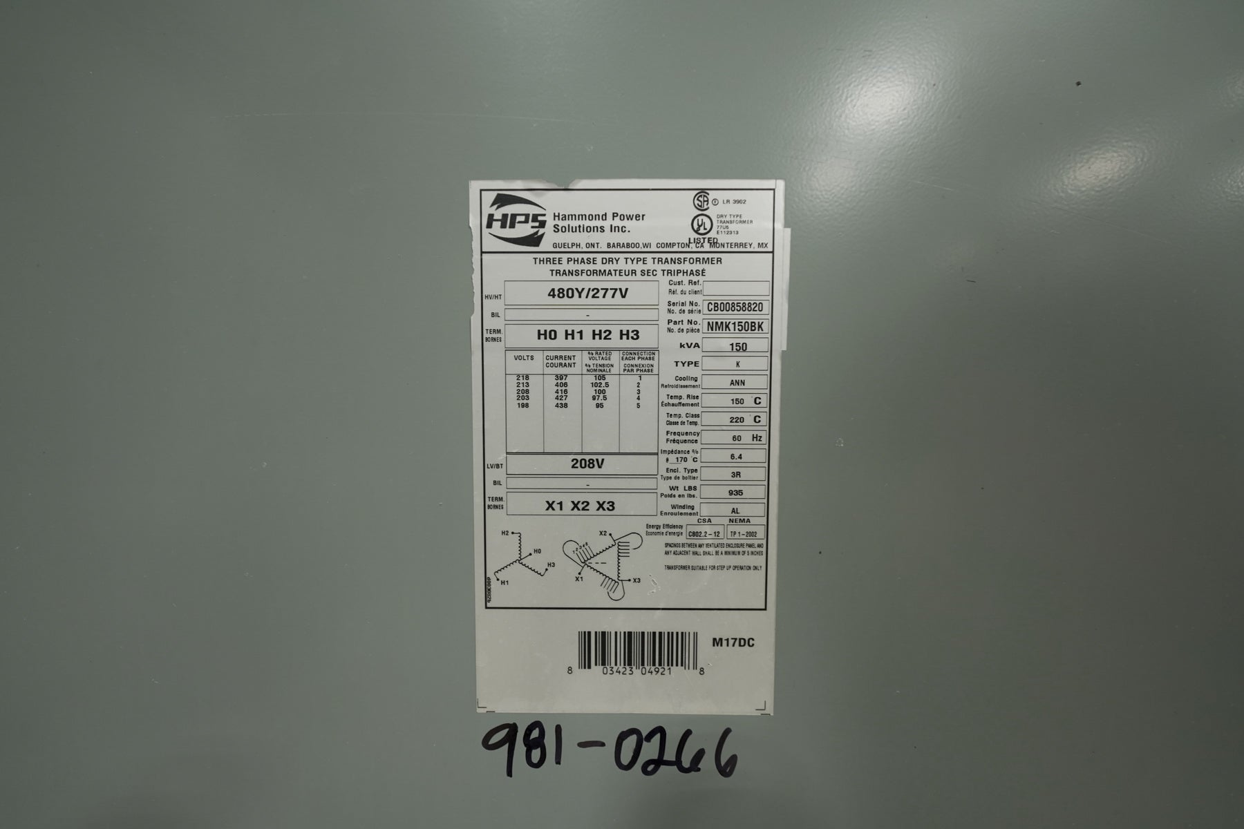 150 KVA 480Y/277V To 208D Dry-Type Isolation Transformer (Multi-Tap) - Stan Canada