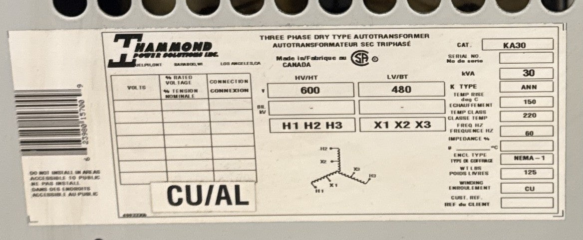 30 KVA - 600V to 480V 3 Phase Auto-transformer - Stan Canada
