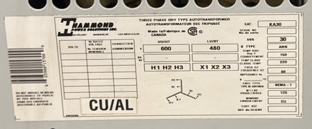 30 KVA - 600V to 480V 3 Phase Auto-transformer - Stan Canada