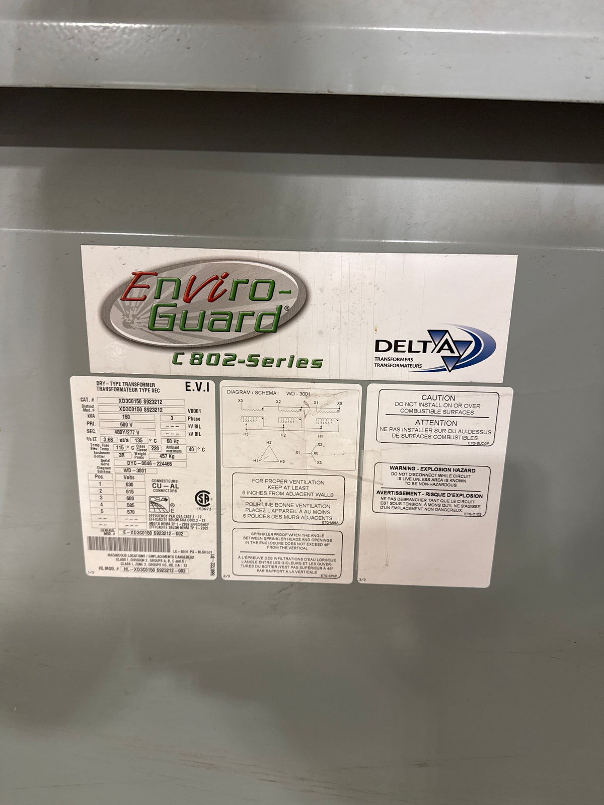 Delta 150 KVA Transformer Nameplate