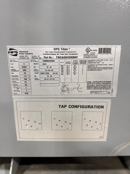 HPS Titan 45 KVA Transformer Nameplate
