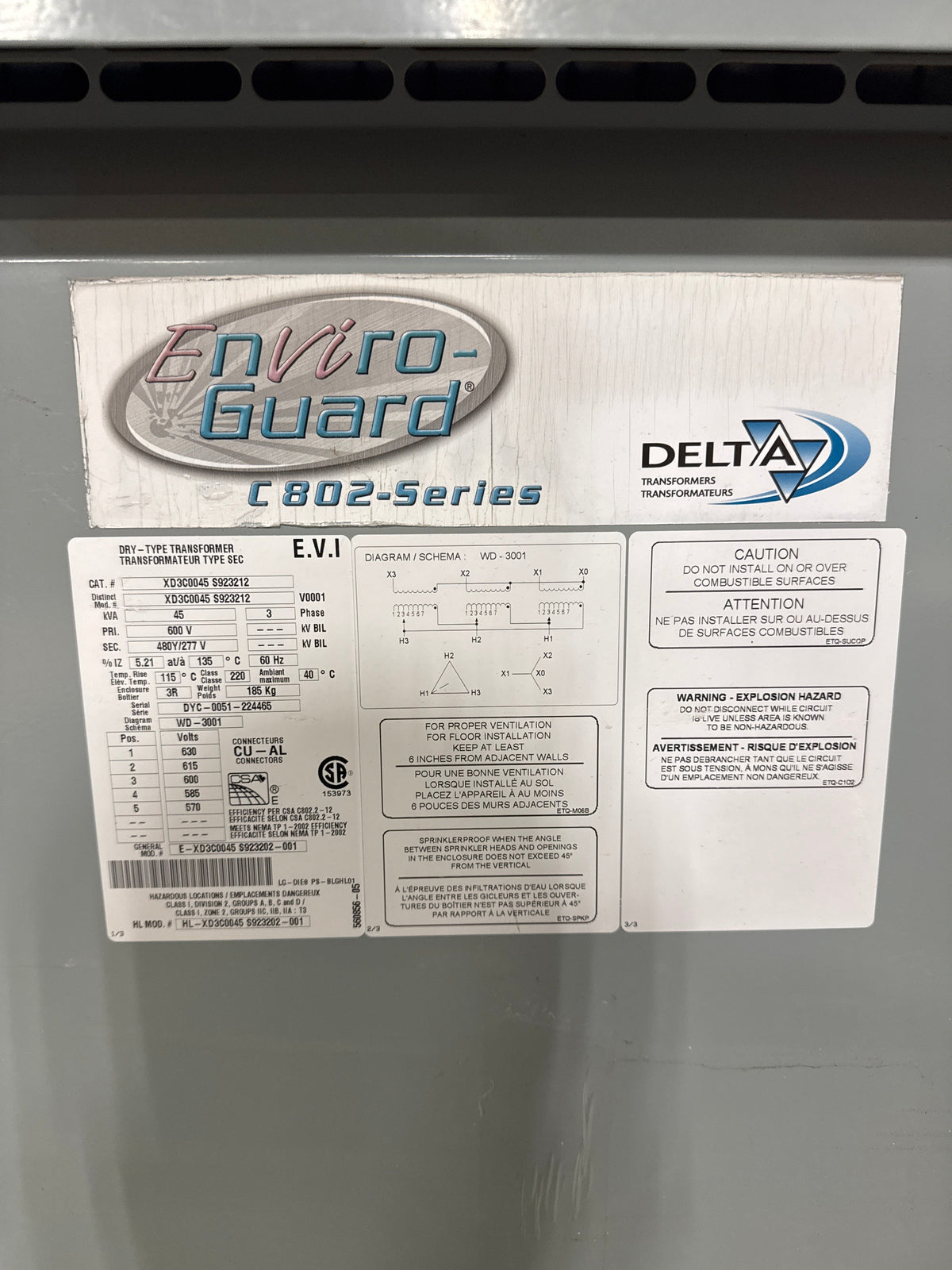 Delta 45 KVA Transformer Nameplate