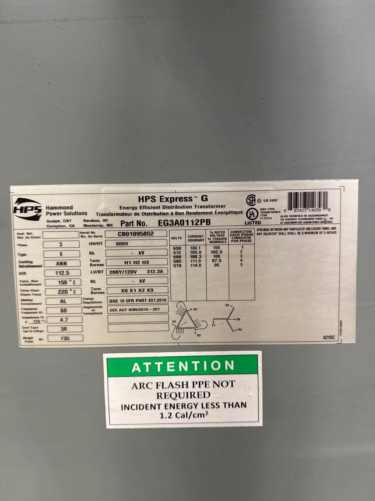 HPS 112.5 kVA transformer ST 981-0703 nameplate