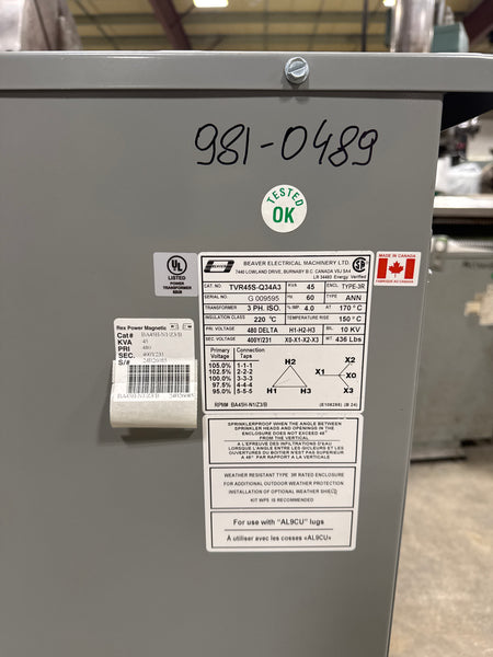 45 KVA 480 Δ to 400Y/231V Isolation Transformer NEW - Stan Canada