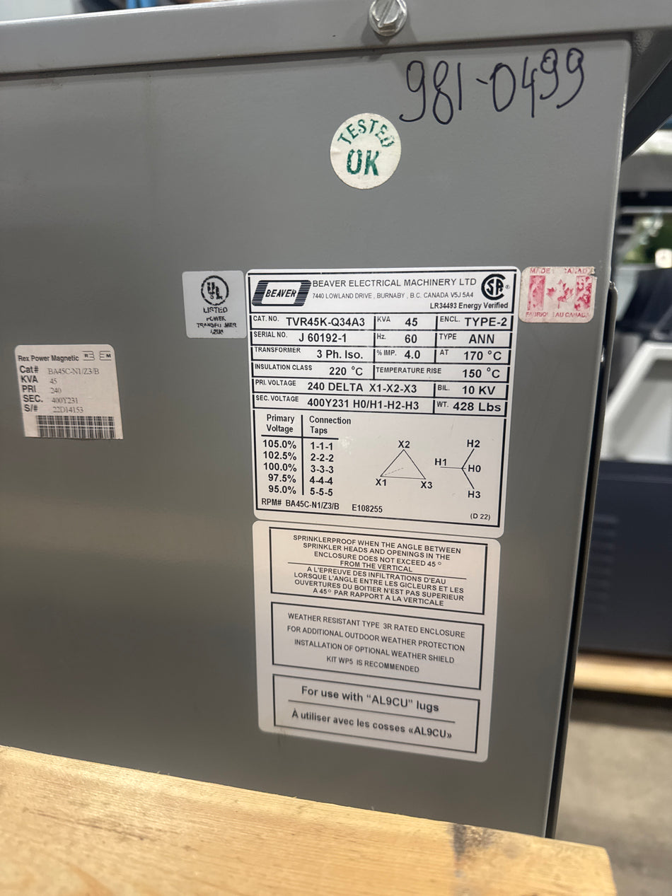 45 KVA - 240ΔV to 400Y/231V 3 Phase Isolation transformer