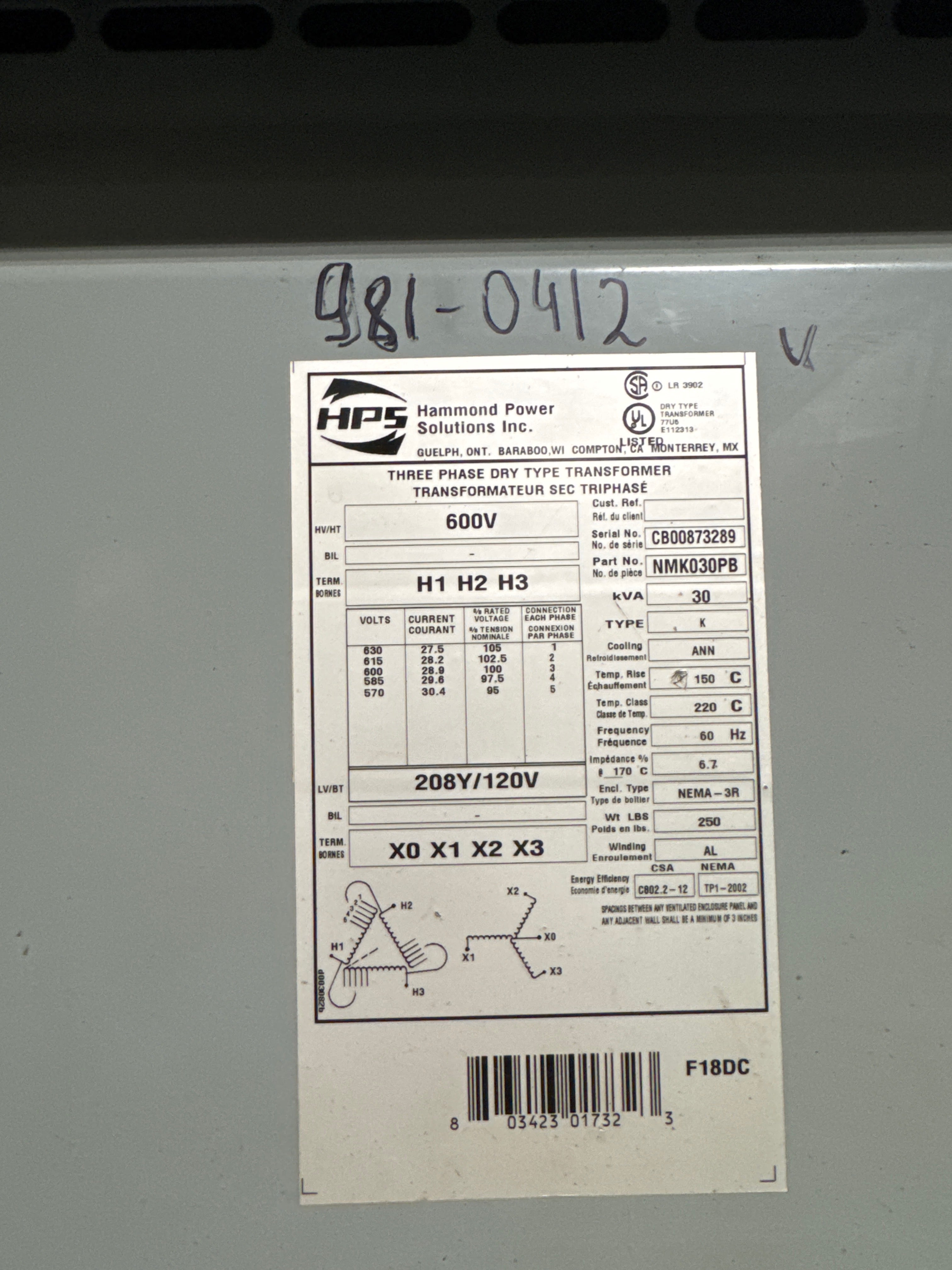 30 KVA - 600V to 208Y/12V 3 Phase Isolation transformer – Stan Canada