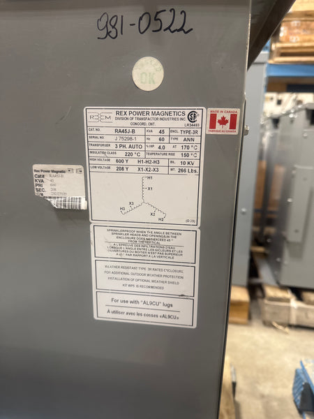 45 KVA - 600V to 208V 3 Phase Auto-Transformer - Stan Canada
