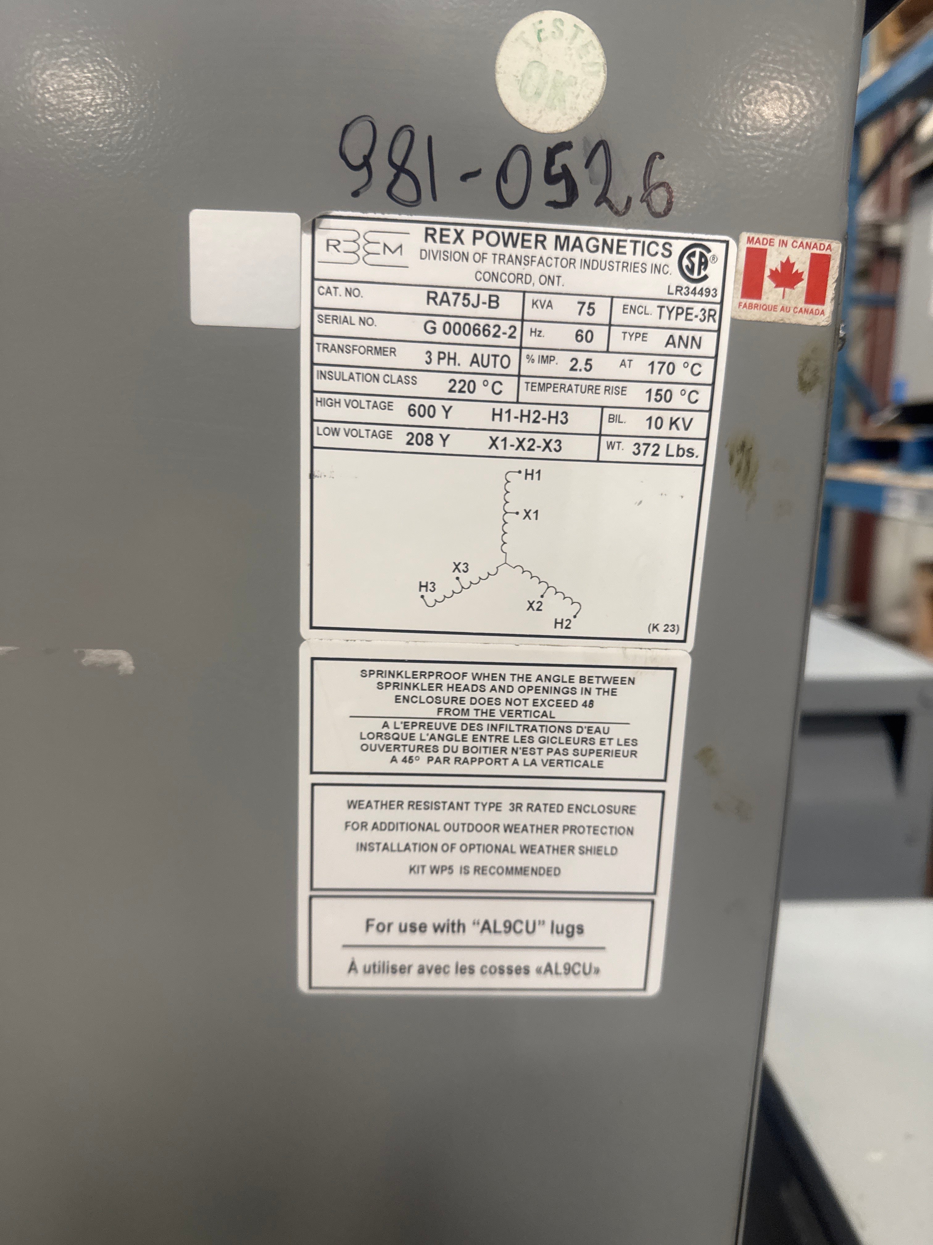 75 KVA - 600Y to 208Y 3 Phase  Auto-Transformer - Stan Canada