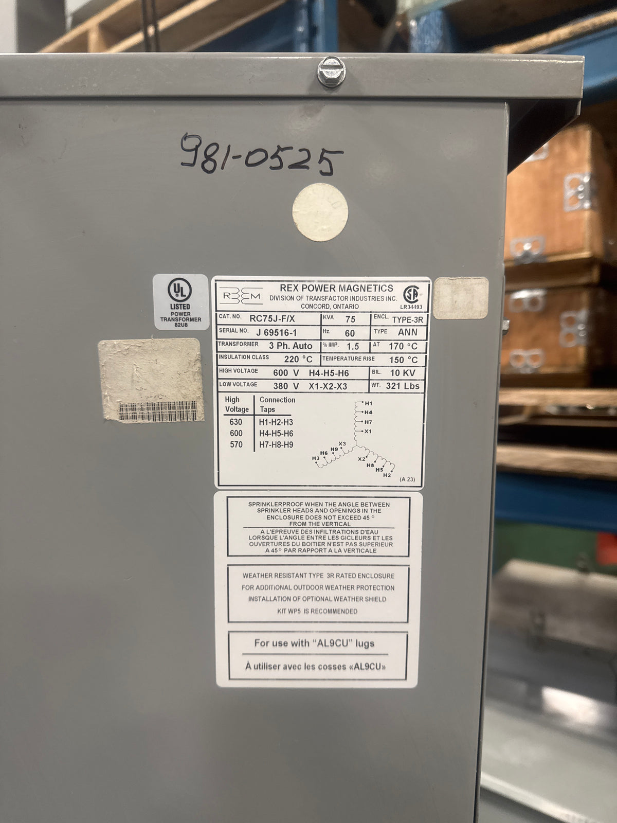 75 KVA - 600V to 380V 3 Phase  Auto-Transformer - Stan Canada