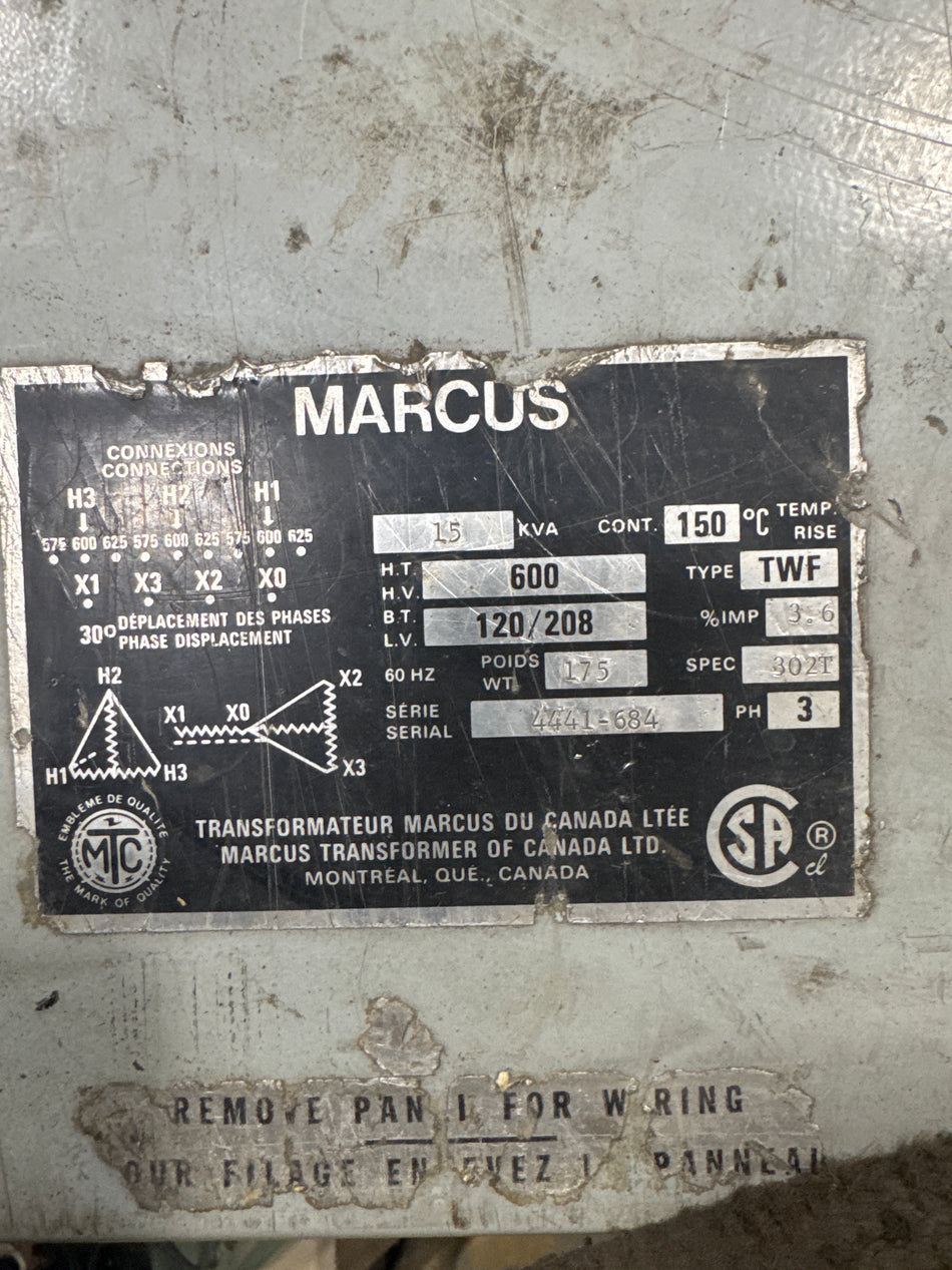 15 KVA - 600V  to 120/208V 3 Phase Isolated Transformer