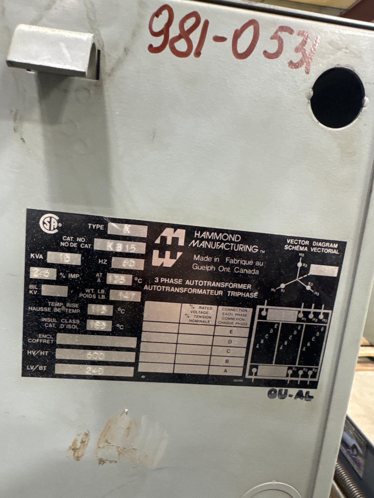 15 KVA - 600V to 240V 3 Phase Auto-Transformer - Stan Canada