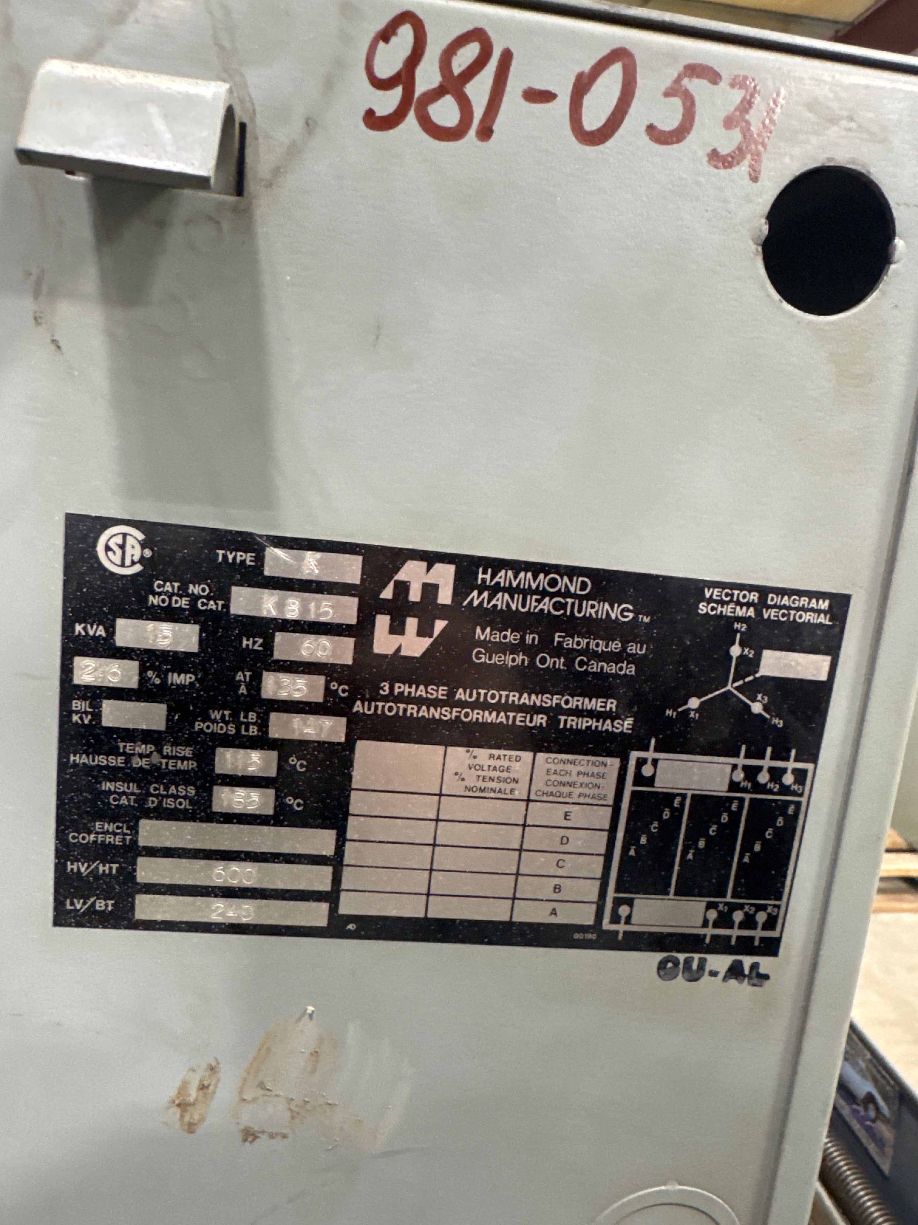 15 KVA - 600V to 240V 3 Phase Auto-Transformer - Stan Canada