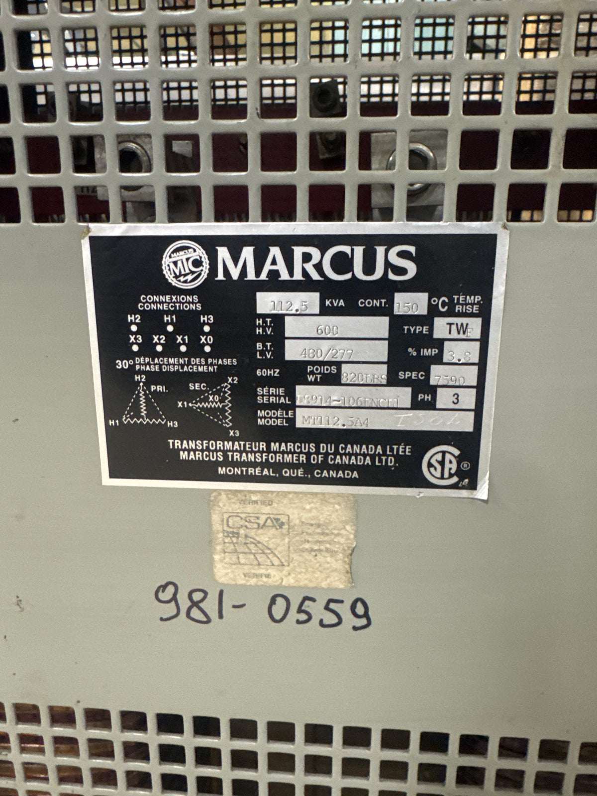112.5 KVA 600Vto 480/277V Isolation Transformer - Stan Canada