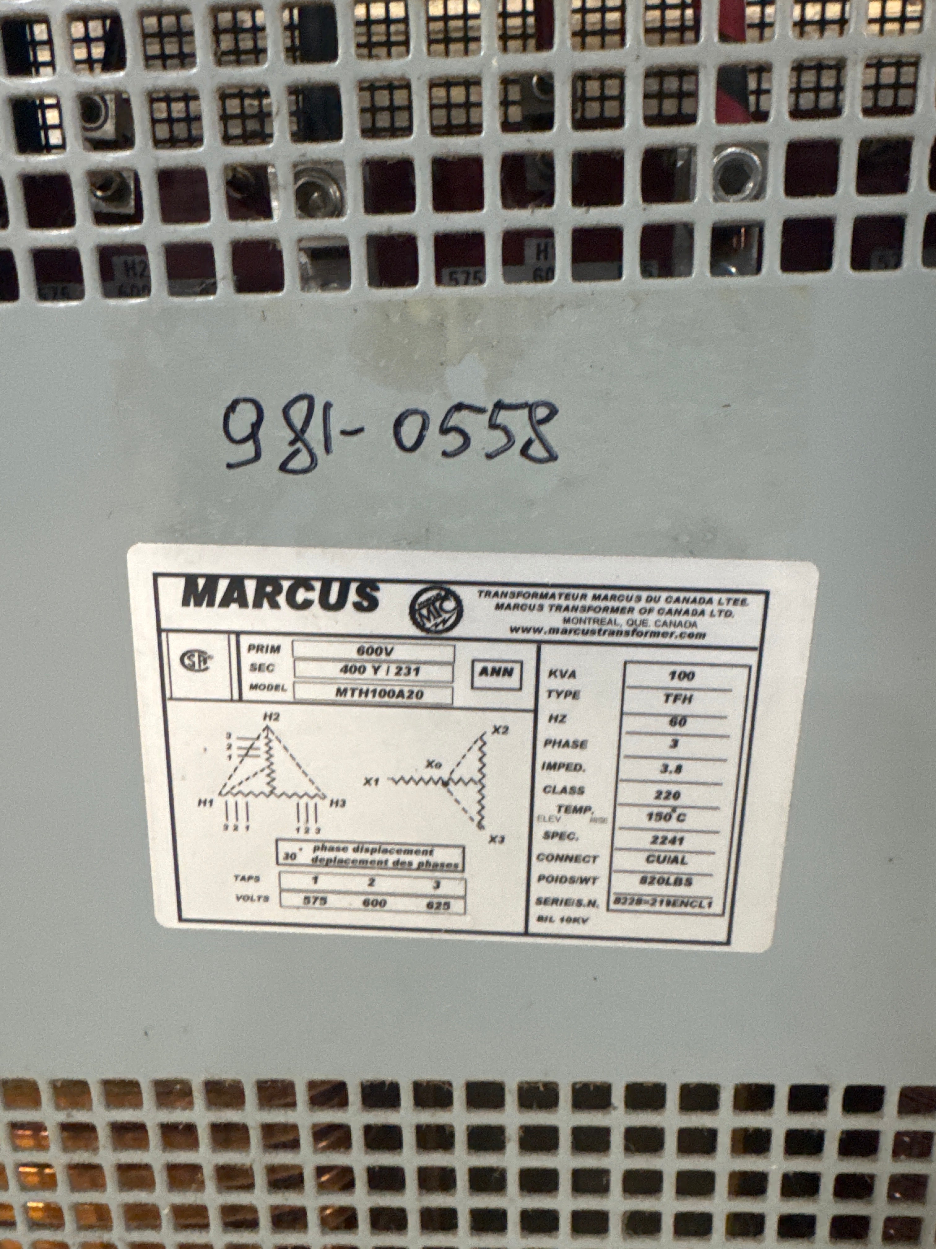 100 KVA 600V to 400Y/231Isolation Transformer - Stan Canada