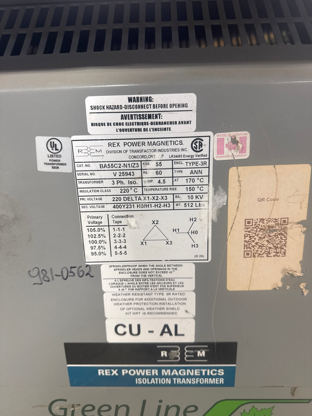 55 KVA 400Y231V to 220  Isolation Transformer - Stan Canada
