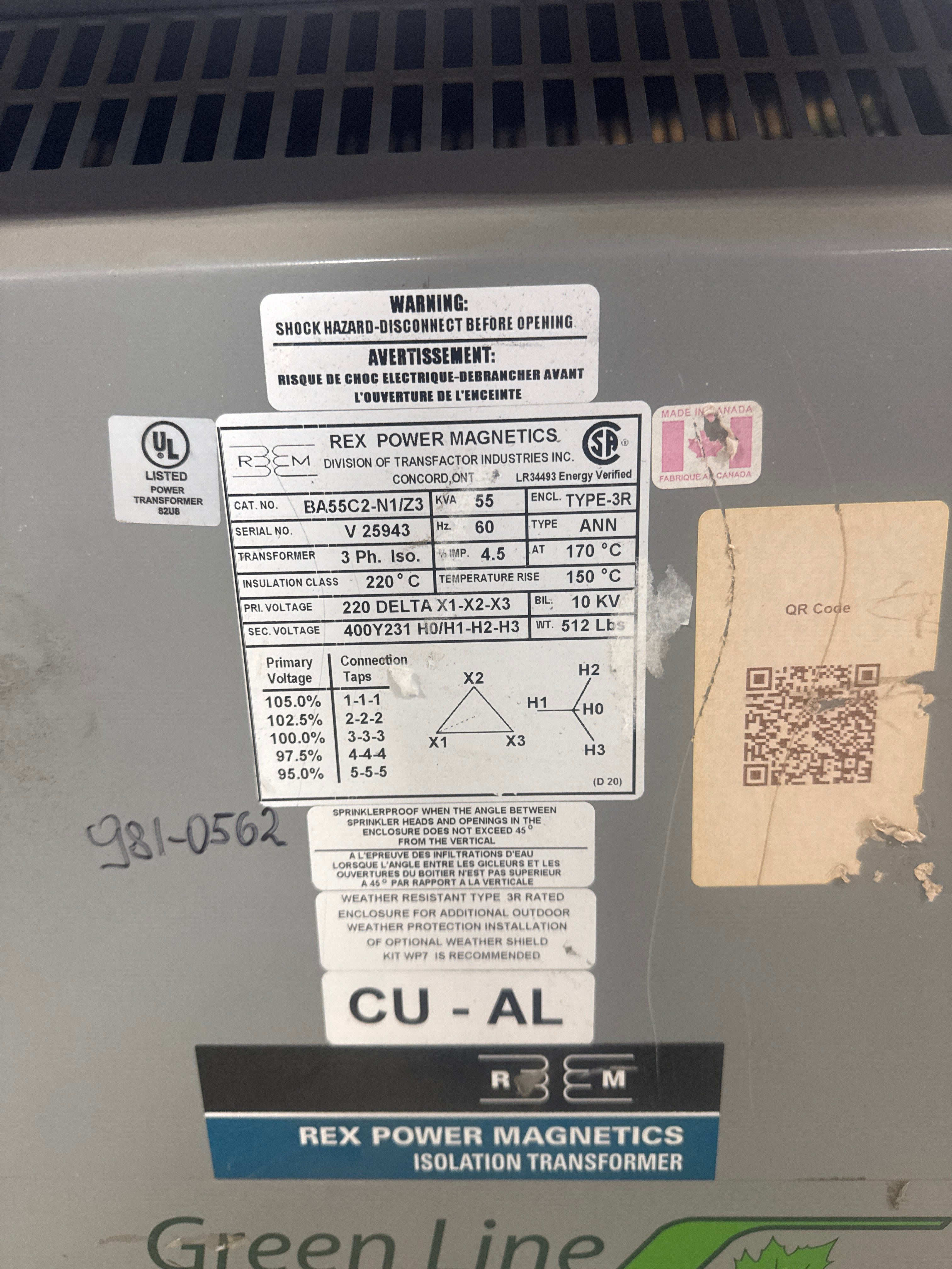 55 KVA 400Y231V to 220  Isolation Transformer - Stan Canada