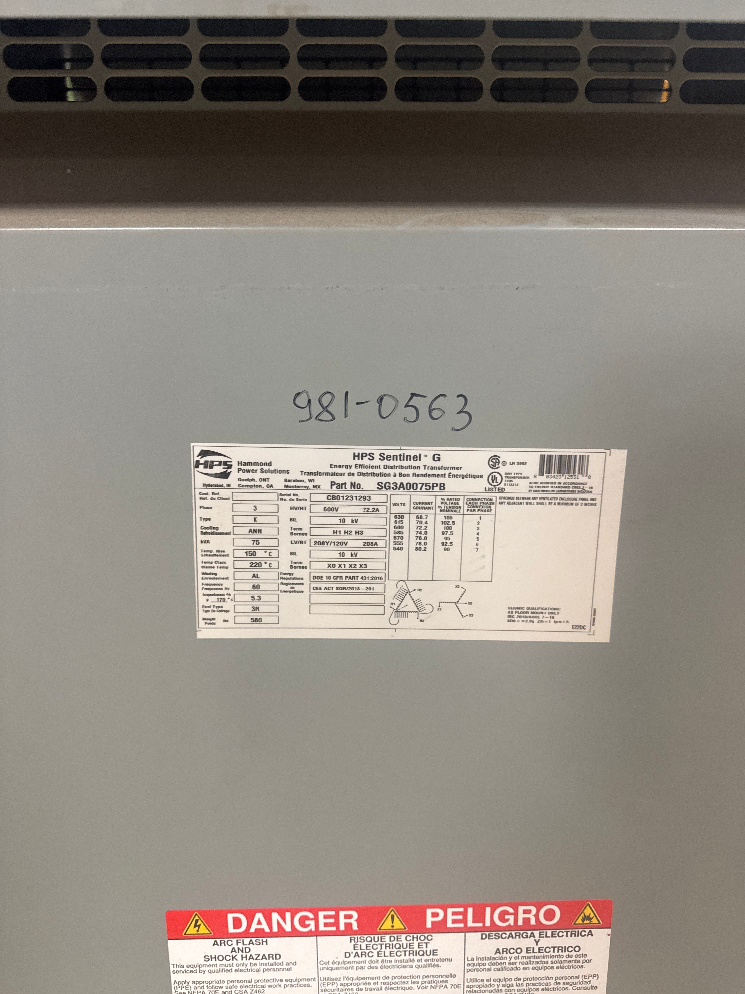 75 KVA 600V to 208/120V Isolation Transformer - Stan Canada