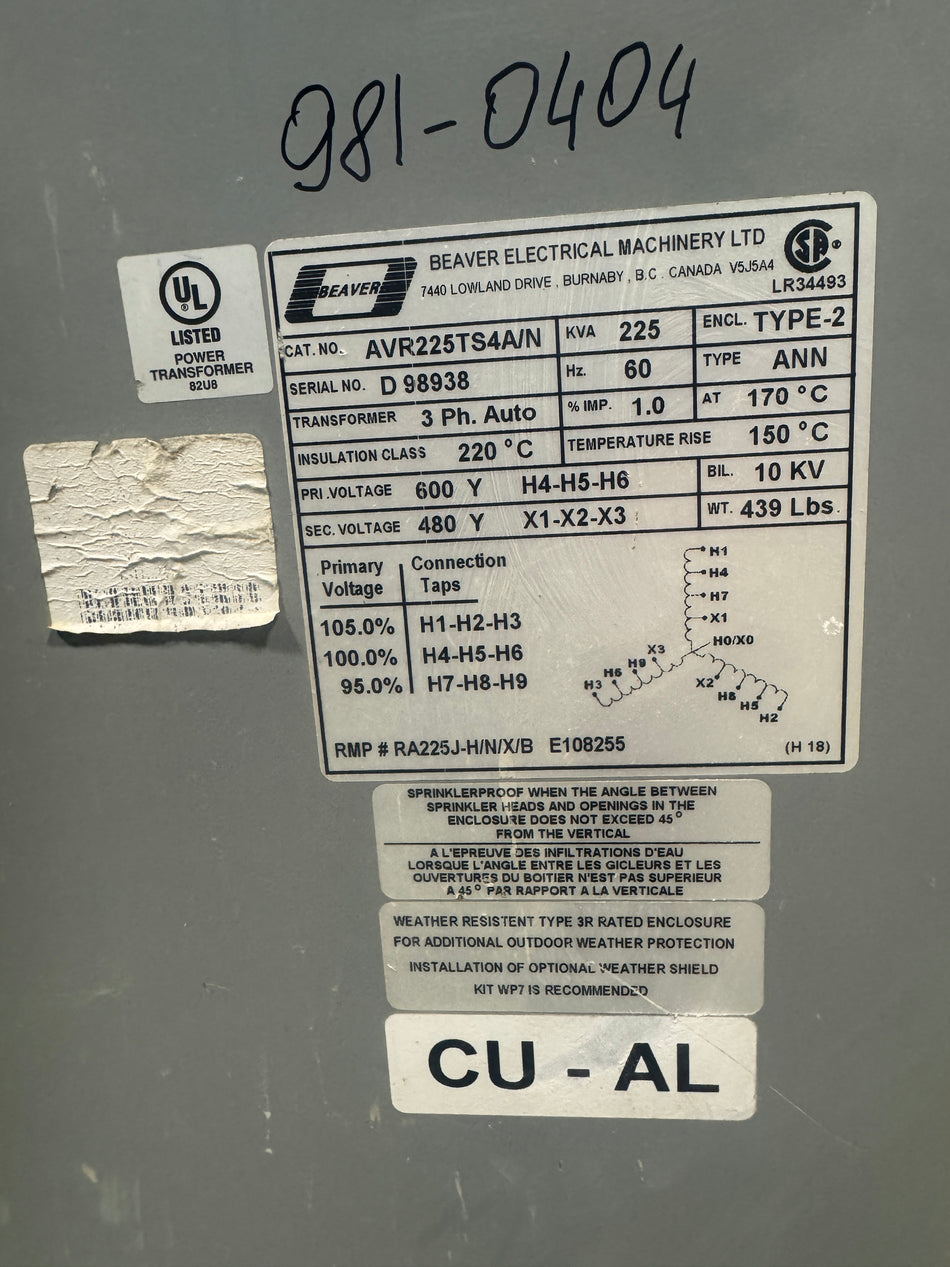 225 KVA - 600v to 480V 3 Phase Auto-transformer