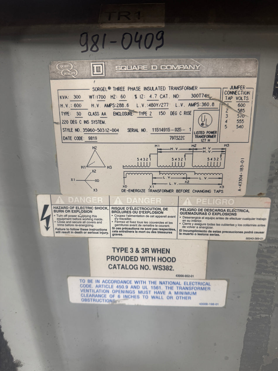 300 KVA 600V to 480Y/277V Isolation Transformer