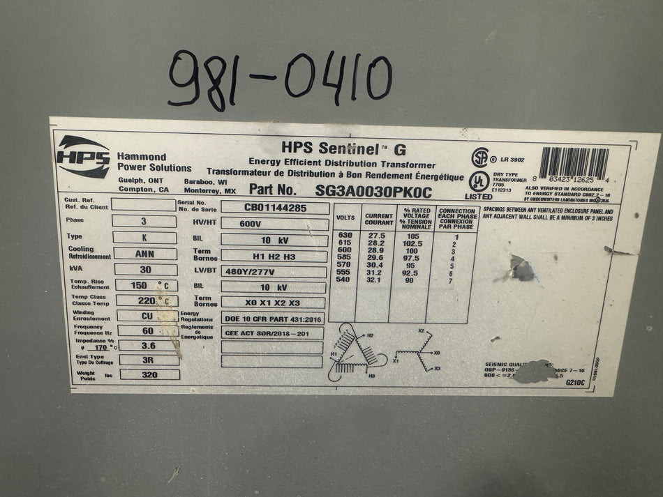 30 KVA 600V to 480Y/277V Isolation Transformer