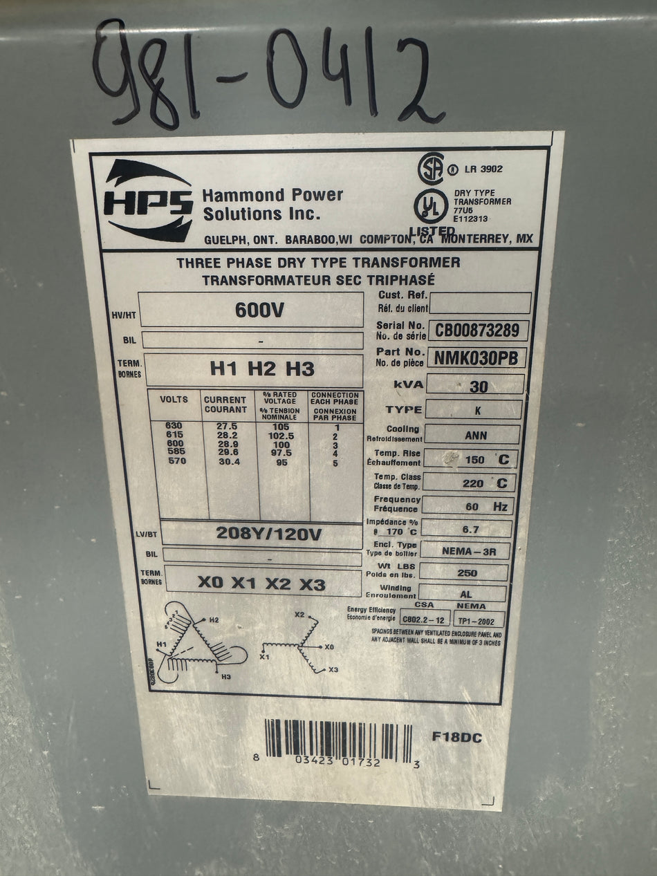 30 KVA 600V to 208Y/120V  Isolation Transformer