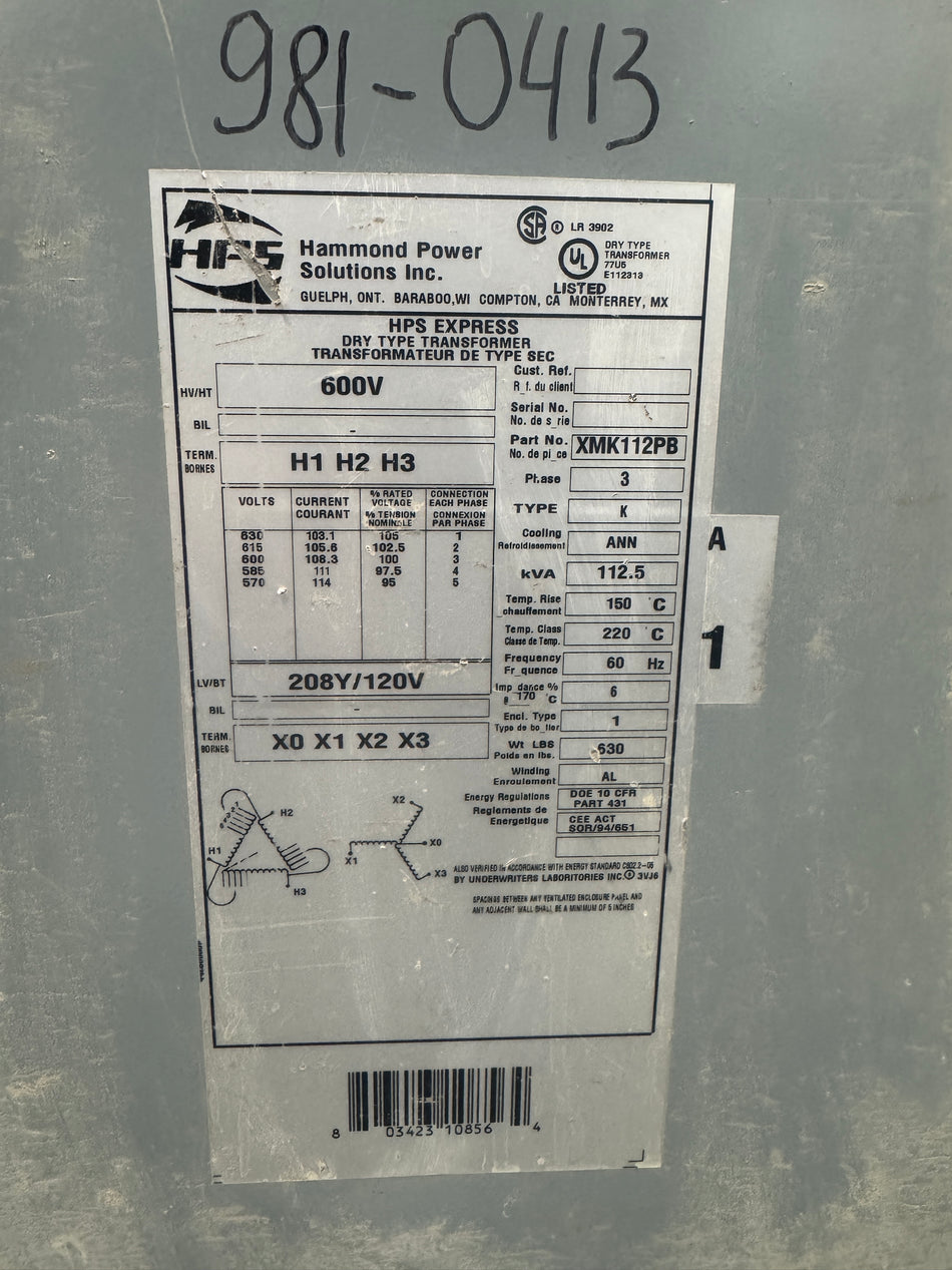 112.5 KVA 600V to 208Y/120V Isolation Transformer