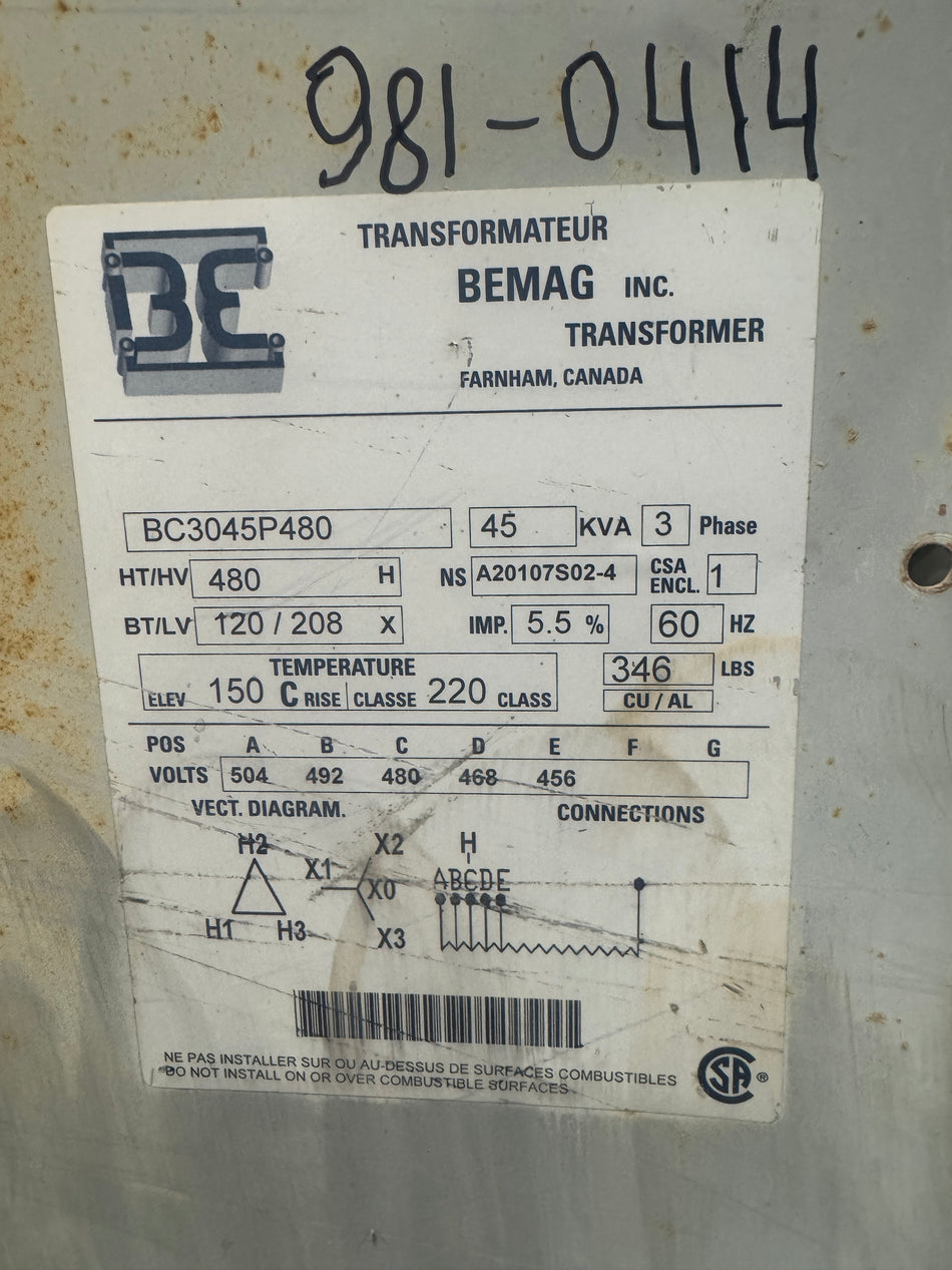 45 KVA 480V to 208Y/120V Isolation Transformer