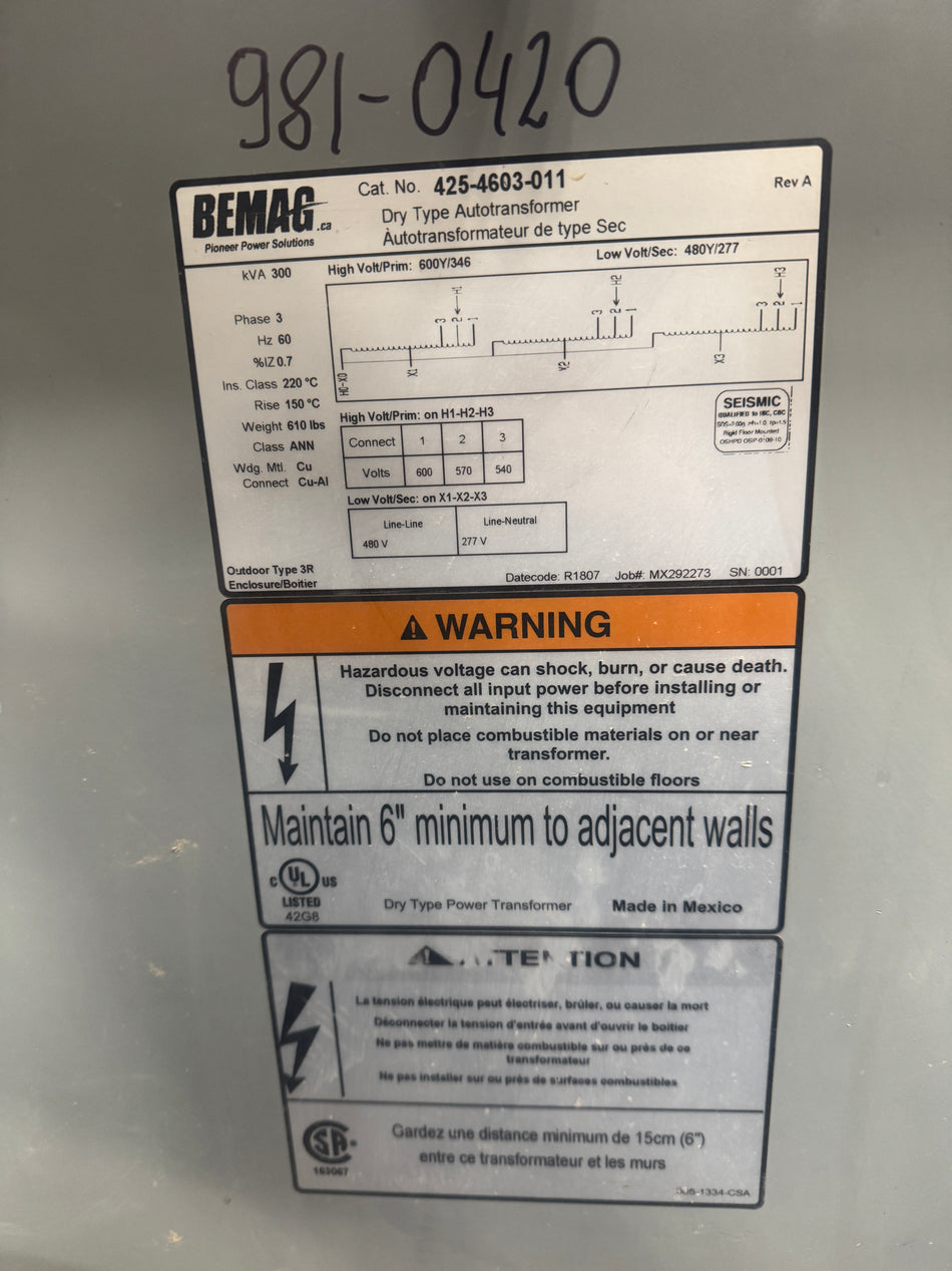 300 KVA - 600Y/346 to 480/277V 3 Phase Auto-transformer