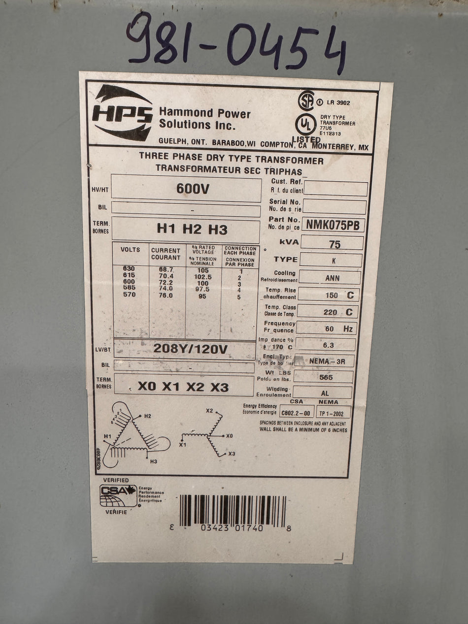 75 KVA 600V to 208Y/120V Isolation Transformer