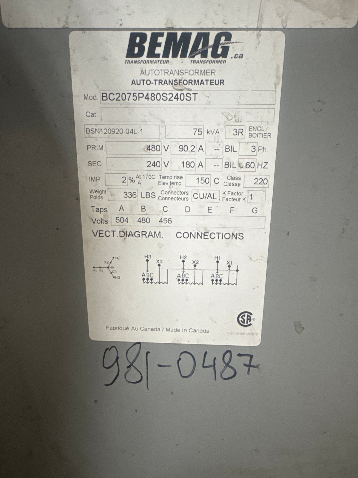 75 KVA 480V to 240V Auto Transformer - Stan Canada