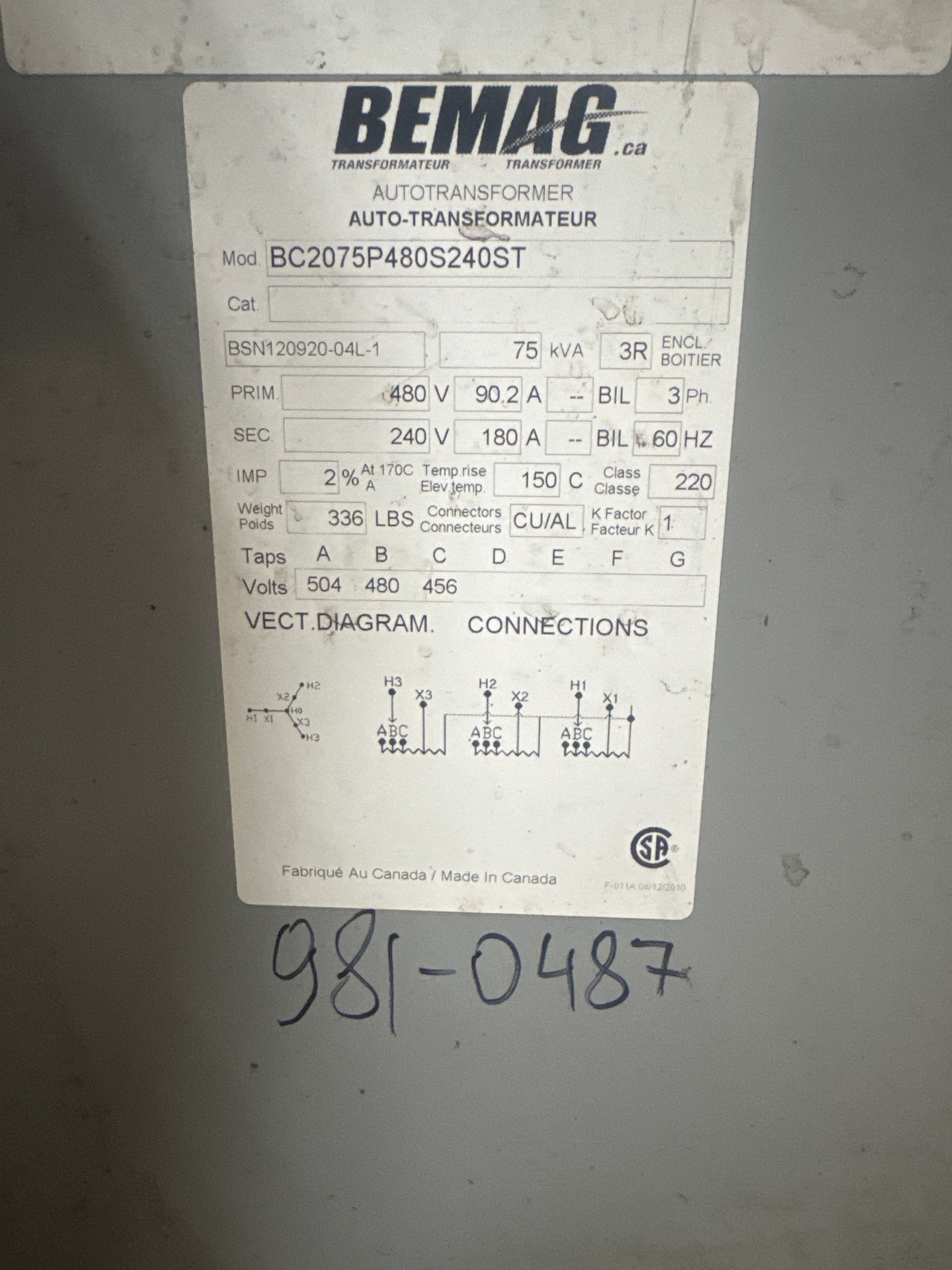 75 KVA 480V to 240V Auto Transformer - Stan Canada
