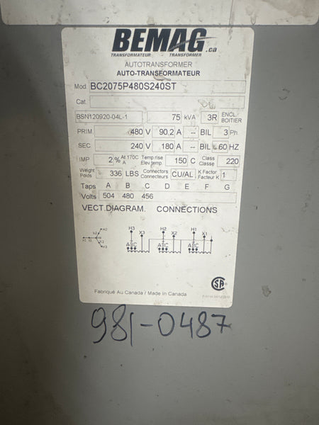 75 KVA 480V to 240V Auto Transformer - Stan Canada