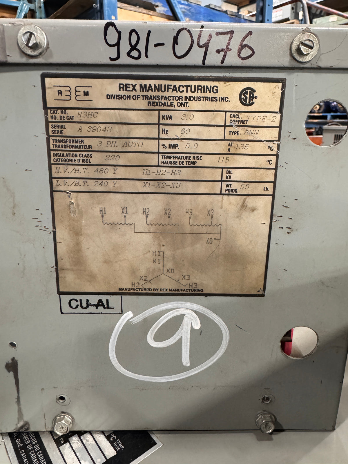 3 KVA 480Vto 240V  Auto Transformer - Stan Canada