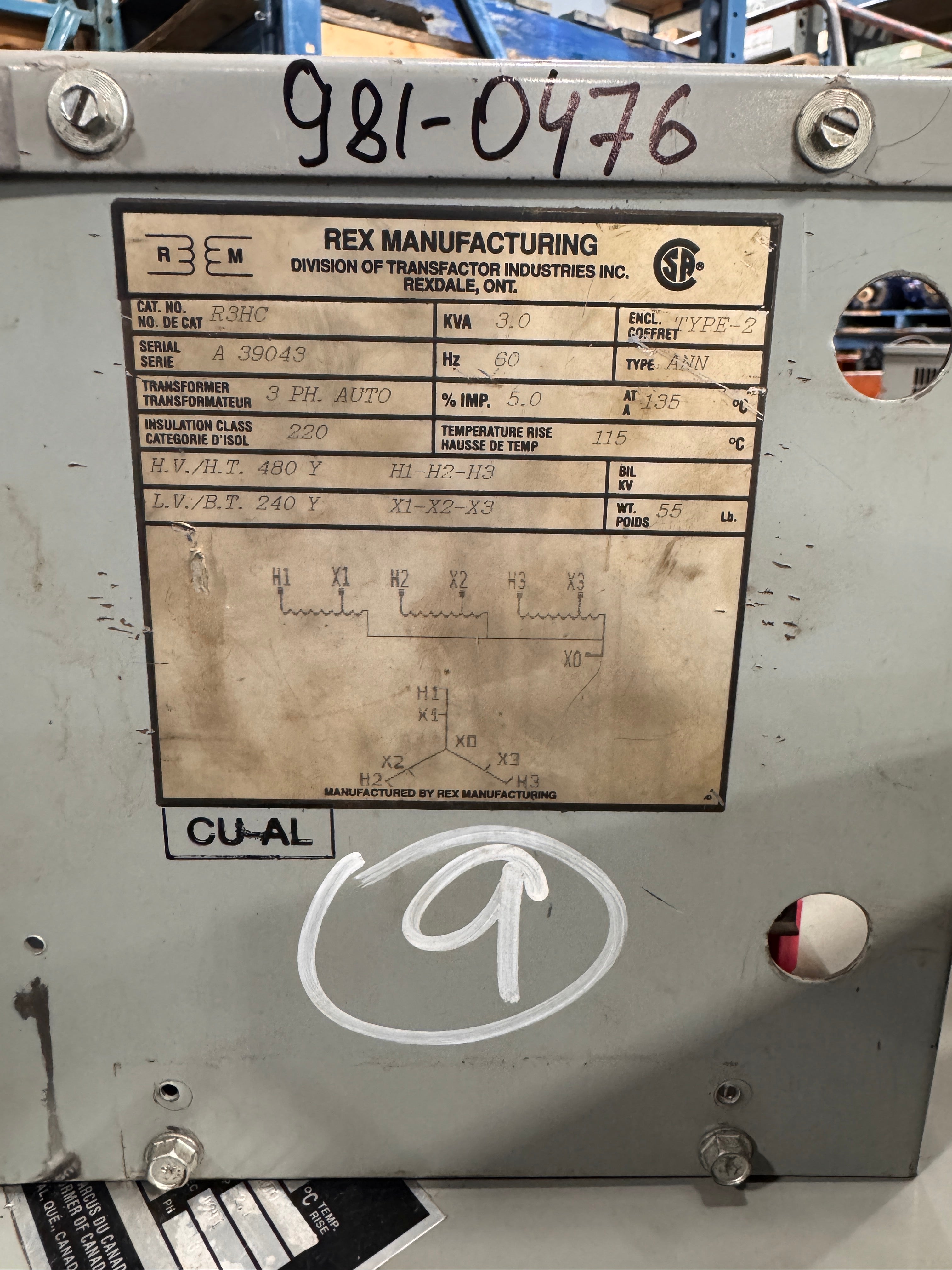3 KVA 480Vto 240V  Auto Transformer - Stan Canada
