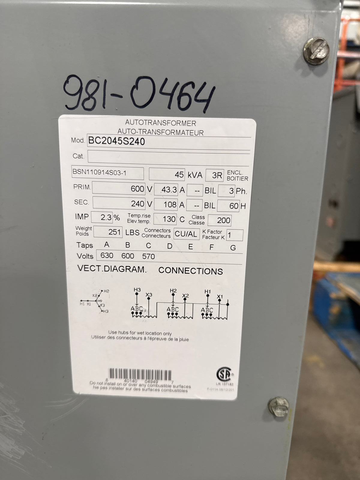45 KVA 600V to 240V  Auto Transformer - Stan Canada