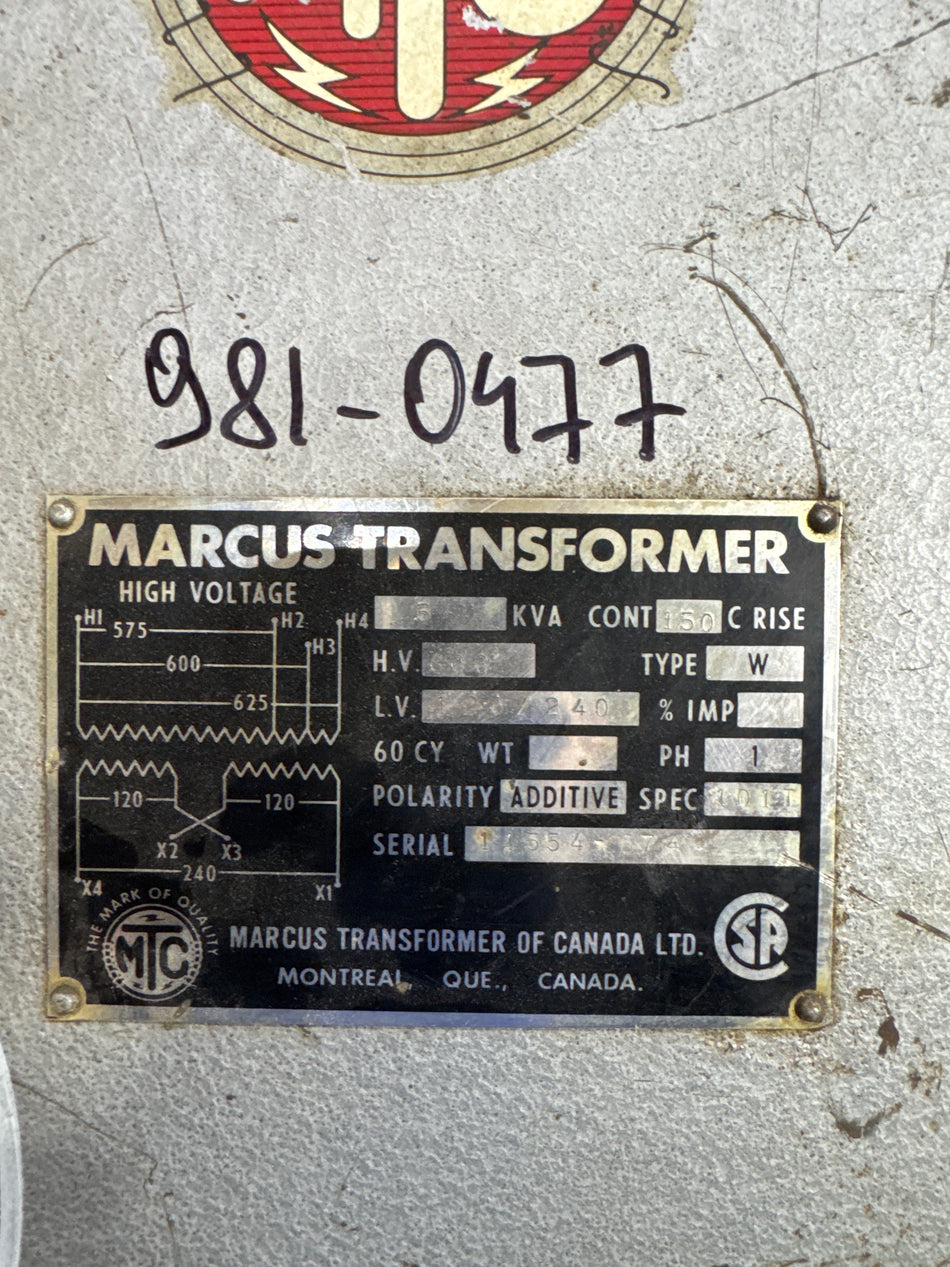 5 KVA 575/600 /625V to 240/120V Auto Transformer 1ph