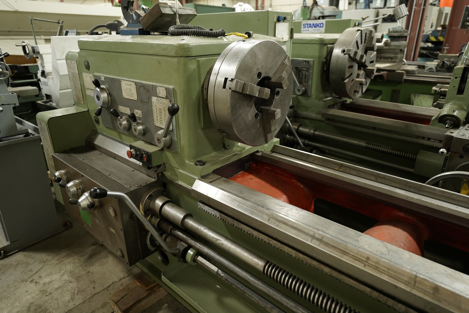 Stanko 1M63B Manual Lathe with 28-inch Swing, 120-inch Centers, and Mitutoyo DRO Modern