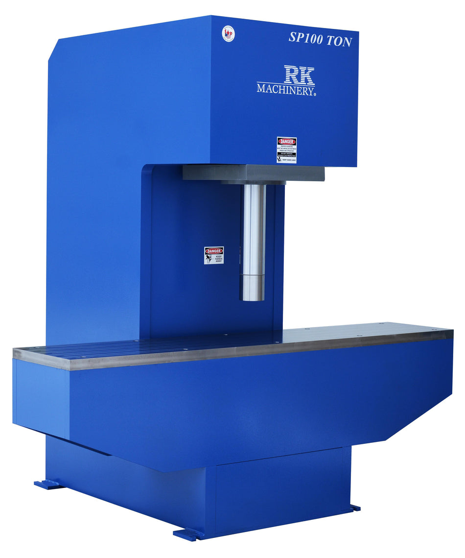 RK Machinery SP-100 hydraulic straightening press with 100 ton capacity and heavy-duty steel frame