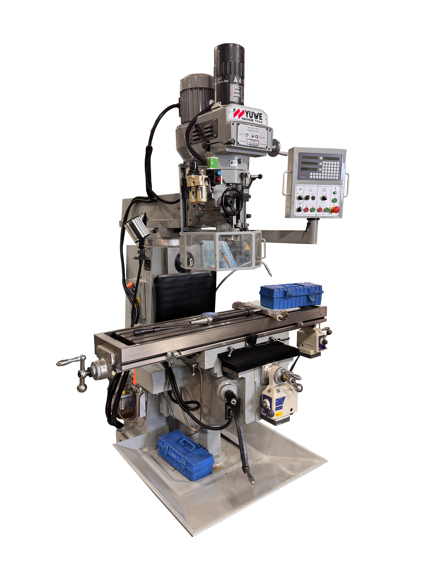 YUWE TM330H Horizontal & Vertical Milling Machine with NT40 spindle, dual 5HP motors, and 3-axis DRO – Modern