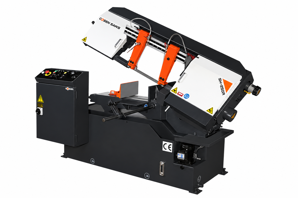 COSEN SH-250R semi-automatic horizontal band saw on clean white background