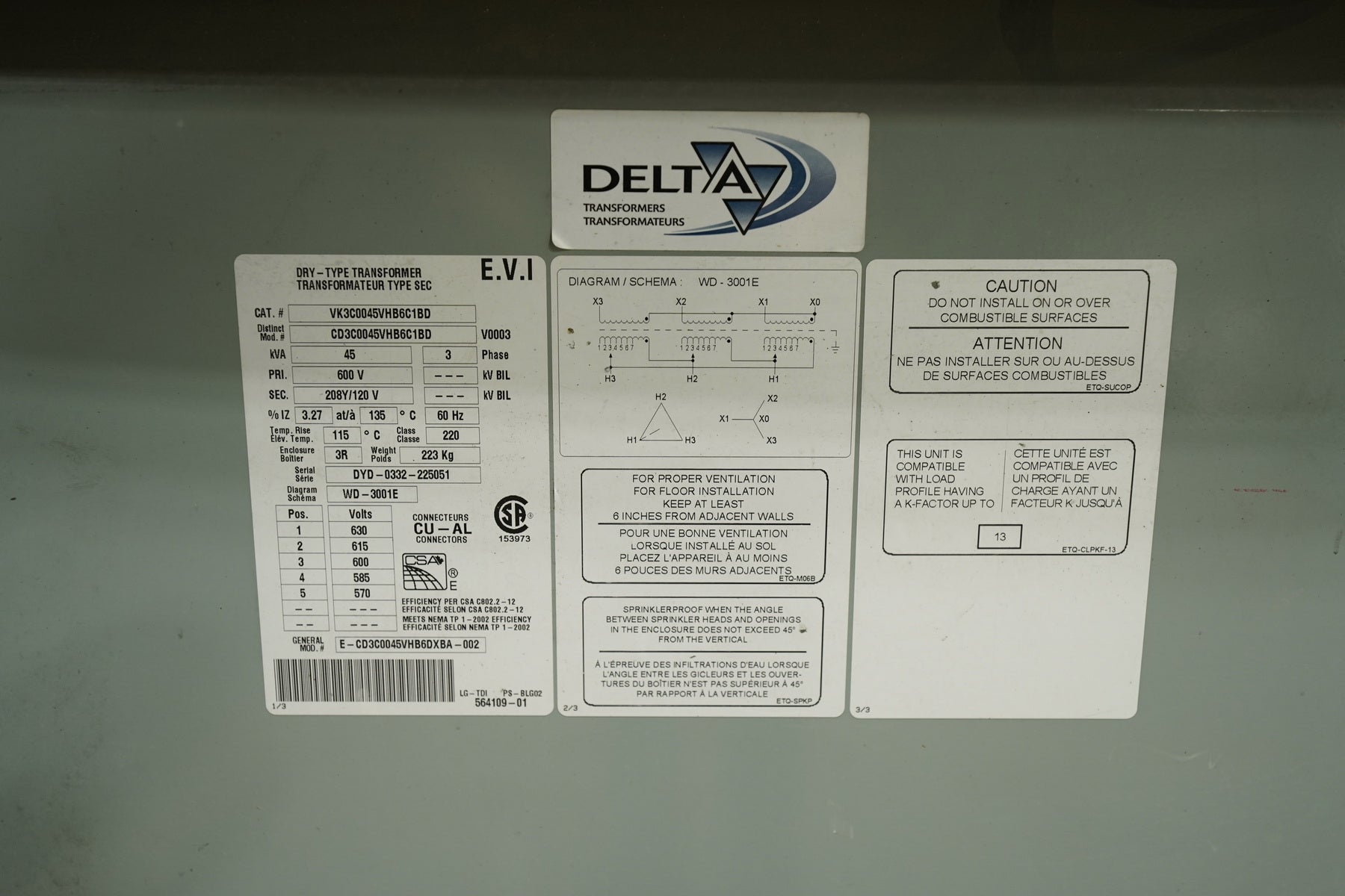 45 KVA - 600V to 208V/120V 3 Phase Dry Isolation Multi-Tap
