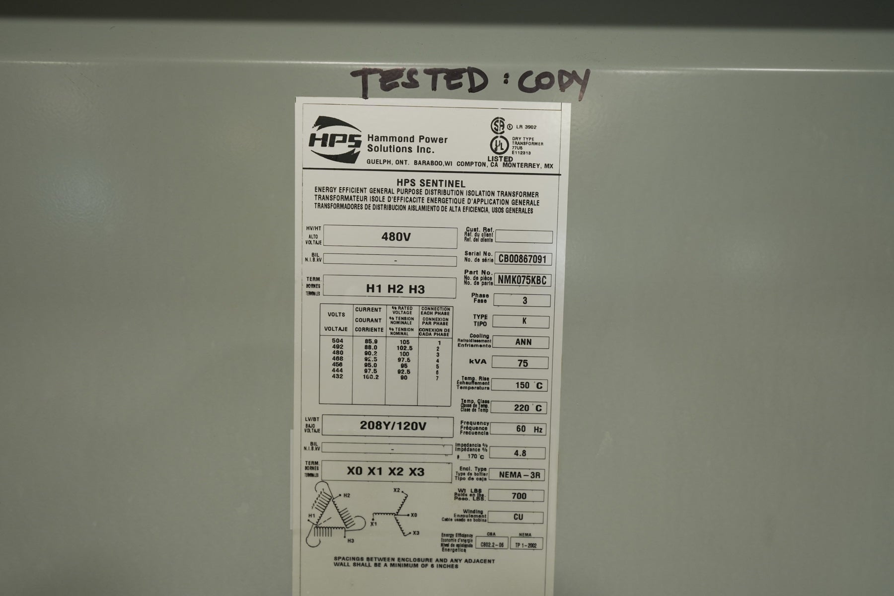 75 KVA 480V to 208Y/120V Isolation Multi-tap Transformer – Stan Canada